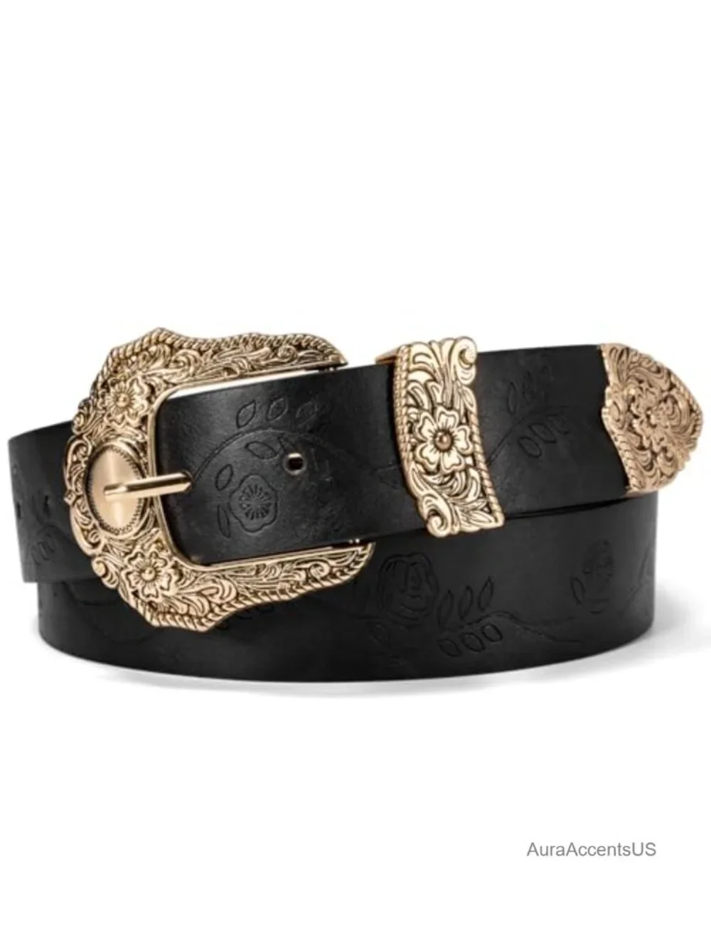 Western Cowgirl Belt for Women, PU Leather, Floral Embossed, Adjustable